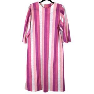 Vintage 70s 80s Zoey T Pink Striped Dress MOD Shift Midi 3/4 Sleeve Large Retro